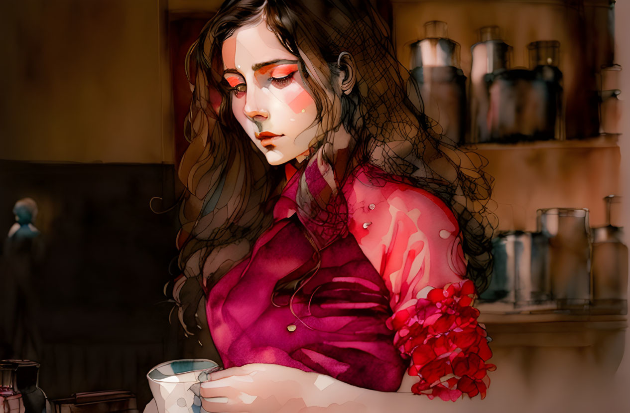 Dark-haired woman in pink blouse with red eyeshadow holding cup in cafe illustration