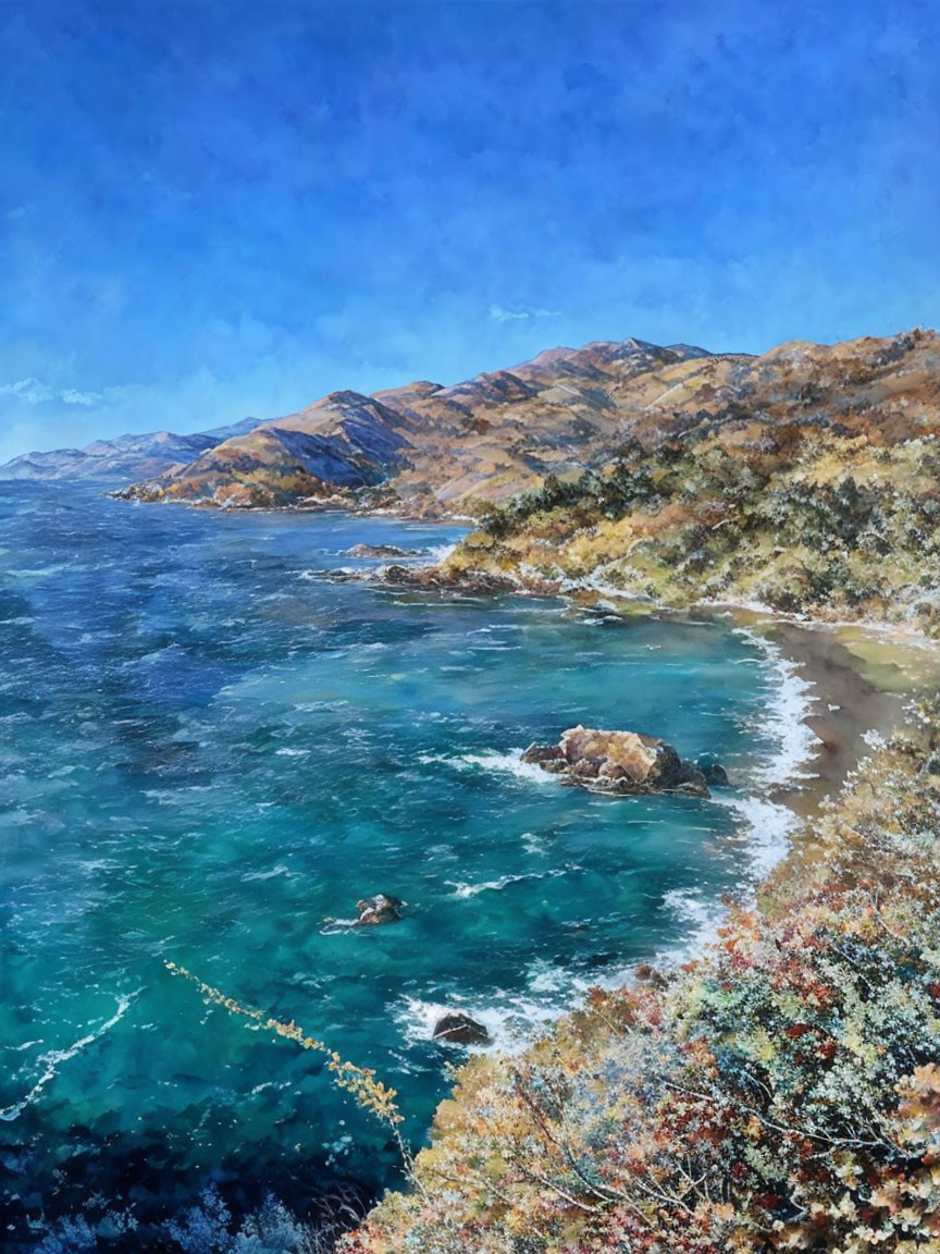 Scenic painting of rugged coastline with blue waters & rocky outcrops