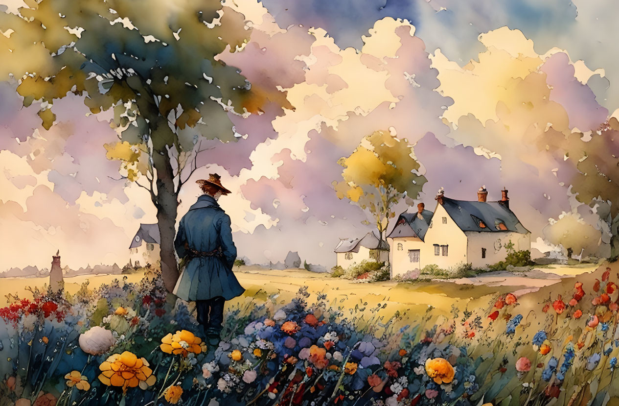 Person in hat admires vibrant flower field and quaint cottages under dramatic sky