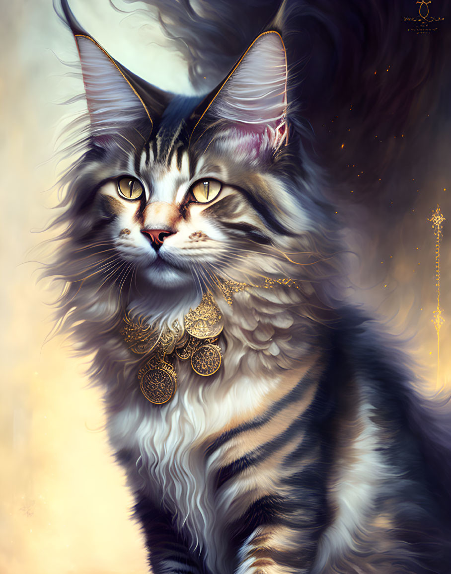 Long-Haired Cat with Striking Eyes and Golden Necklace on Soft-Focus Background