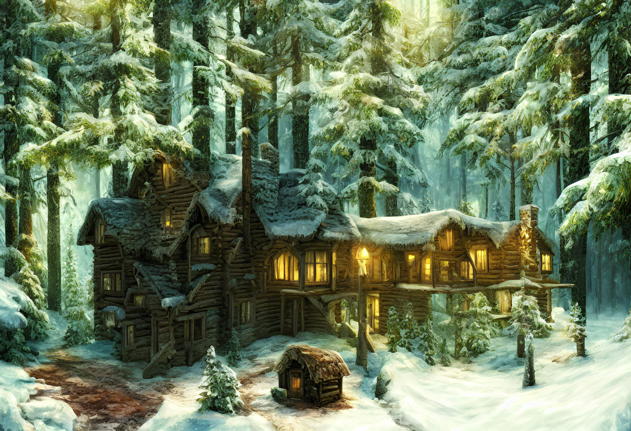 Snowy forest log cabin in serene winter landscape