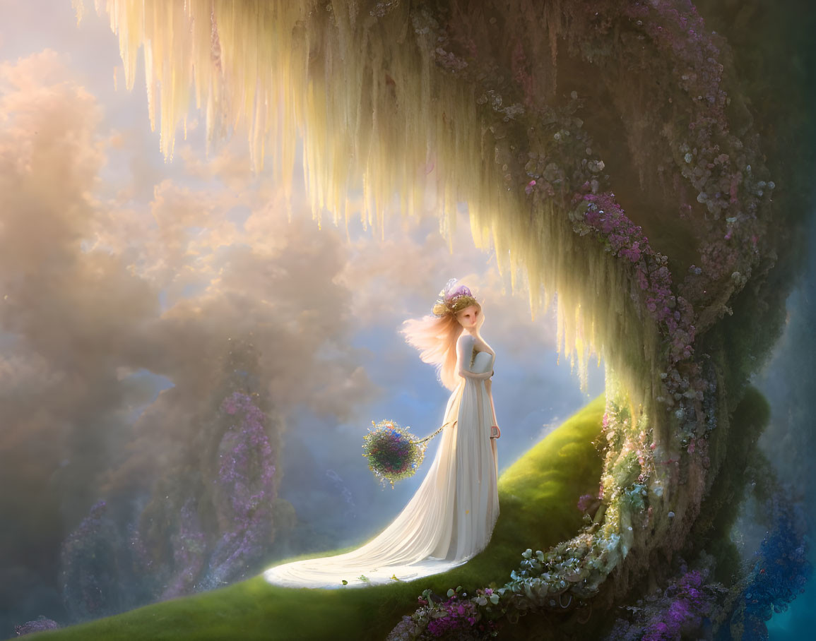 Ethereal figure in flowing gown with floral bouquet in serene fantasy scene