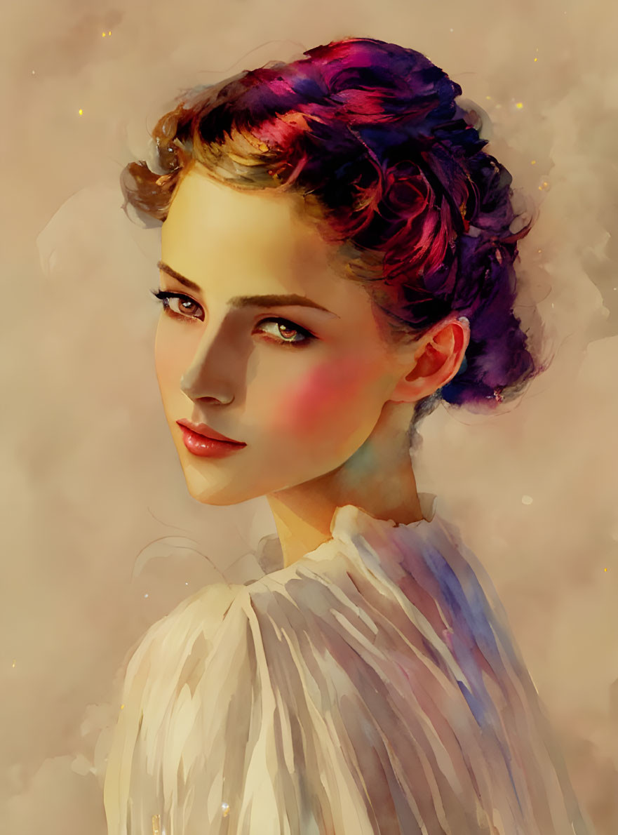 Colorful portrait of a woman with stylized hair and rosy cheeks in soft lighting.