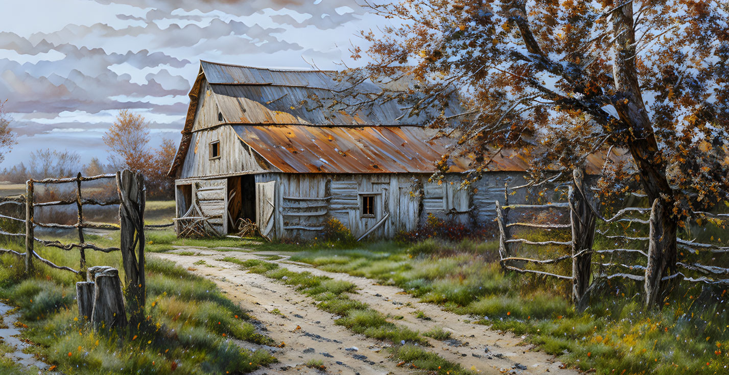 Weathered wooden barn with metal roof in autumn setting