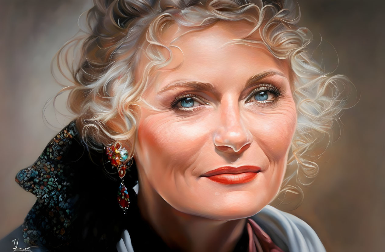 Smiling woman with curly blonde hair and blue eyes in earrings and scarf portrait