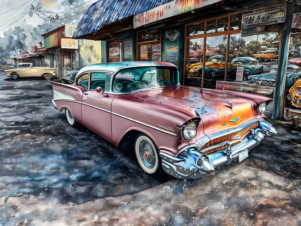 Classic Pink and White Chevrolet Bel Air at Retro Diner