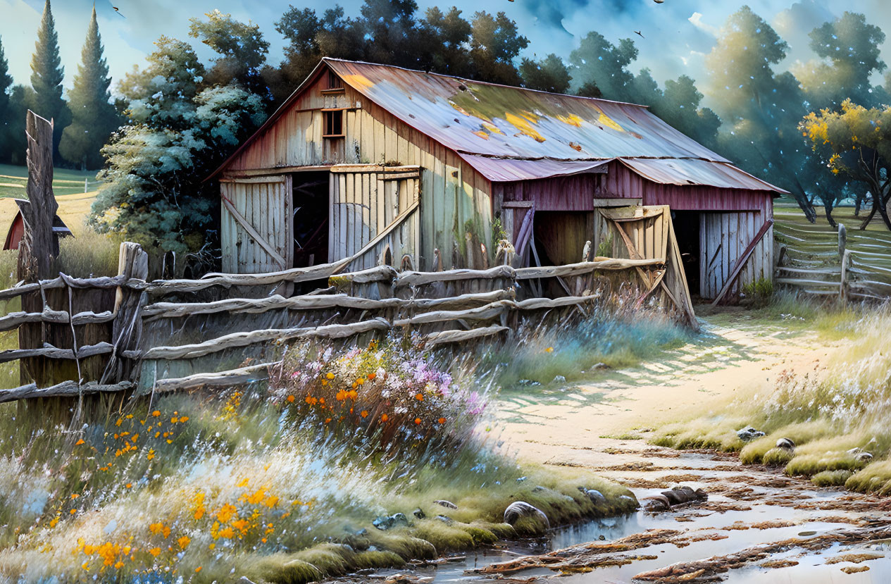 Weathered red barn with corrugated roof, wooden fence, wildflowers, and greenery under