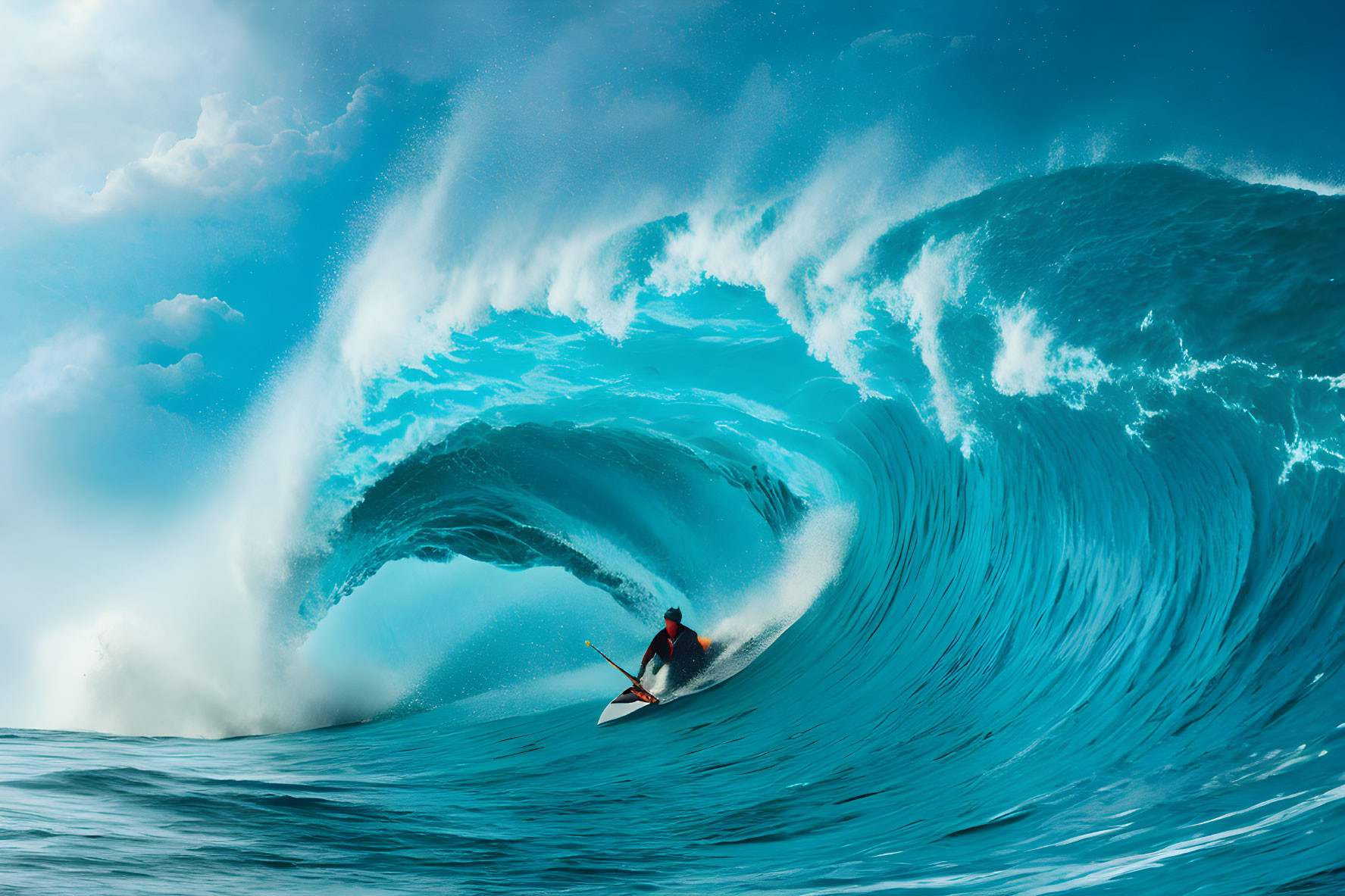 Surfer riding towering blue wave under dramatic sky