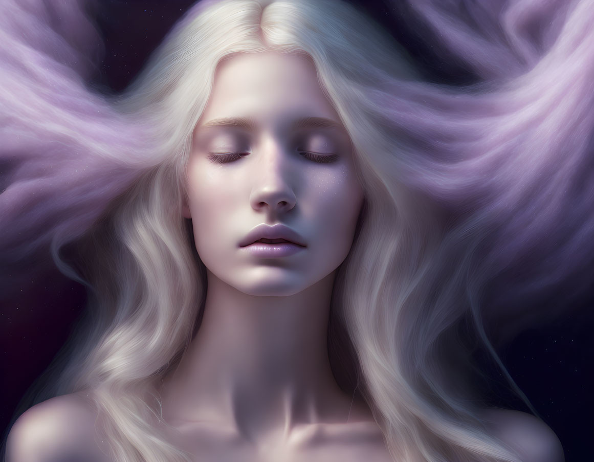 Portrait of woman with long white hair and closed eyes on dark cosmic background