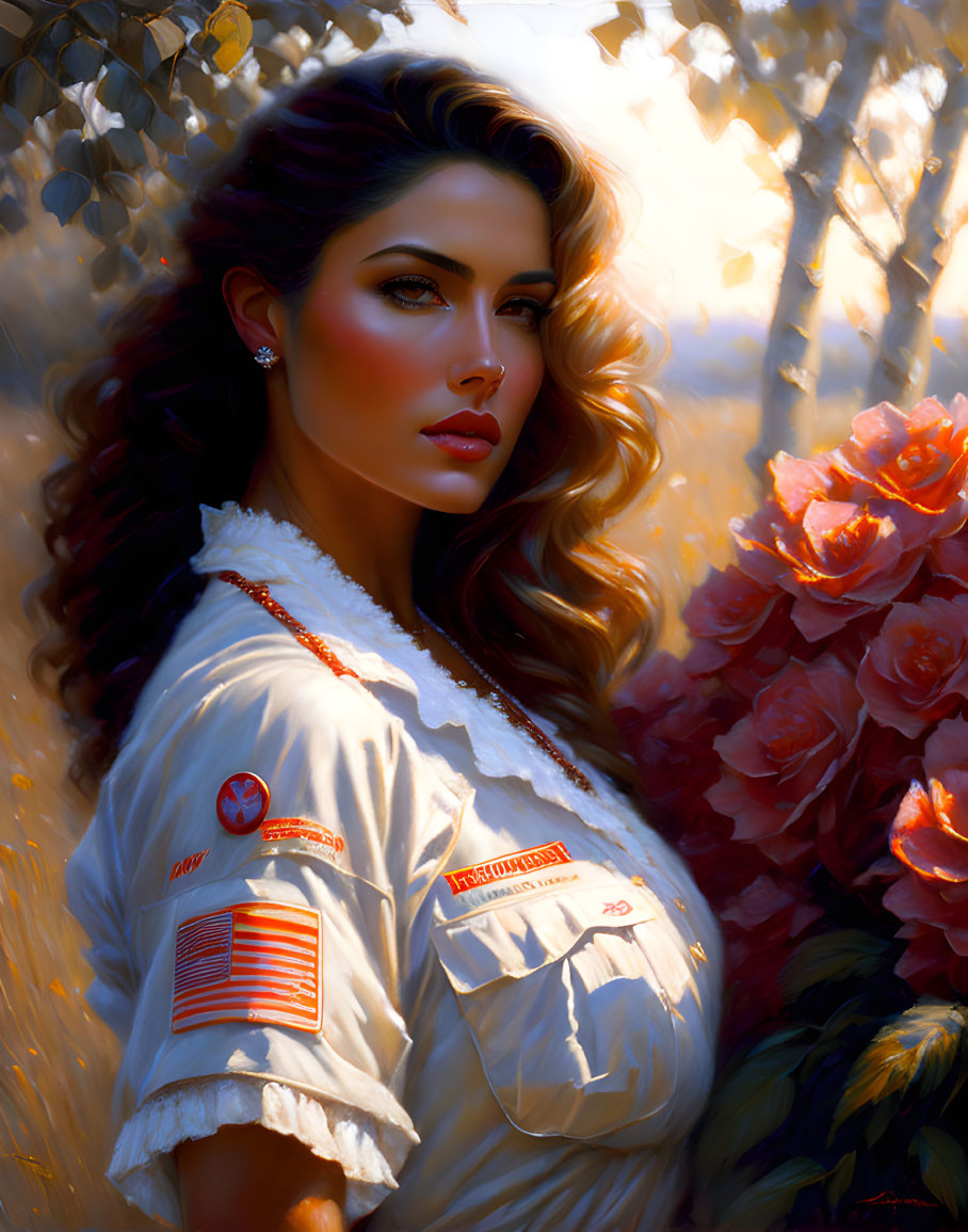 Digital artwork: Woman in white shirt with patches, surrounded by warm-toned flowers and leaves