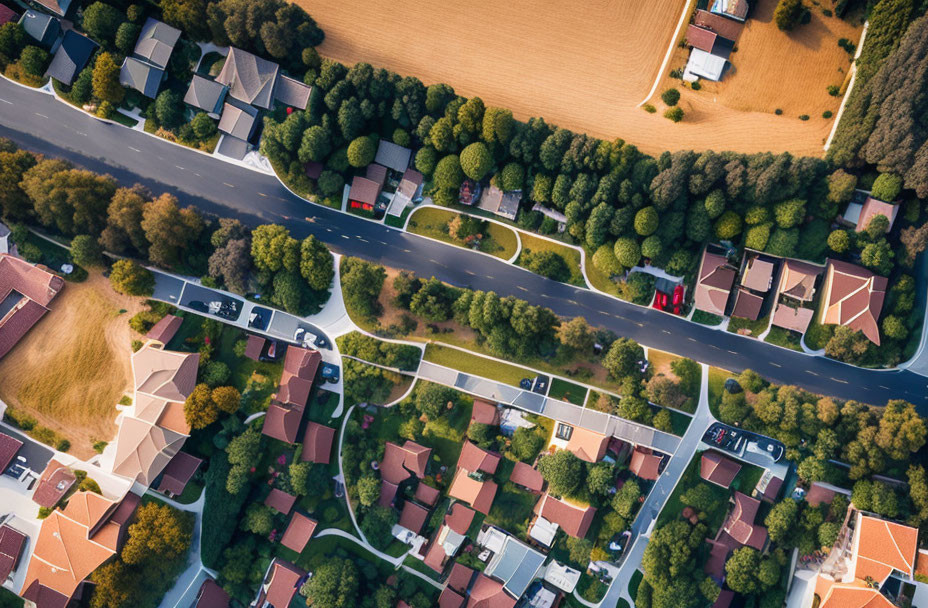 Residential Area with Houses, Roads, Trees, and Farmland Contrast