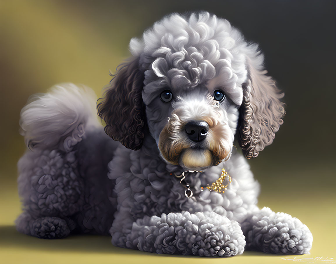 Gray Poodle with Gold Pendant Collar and Brown Eyes