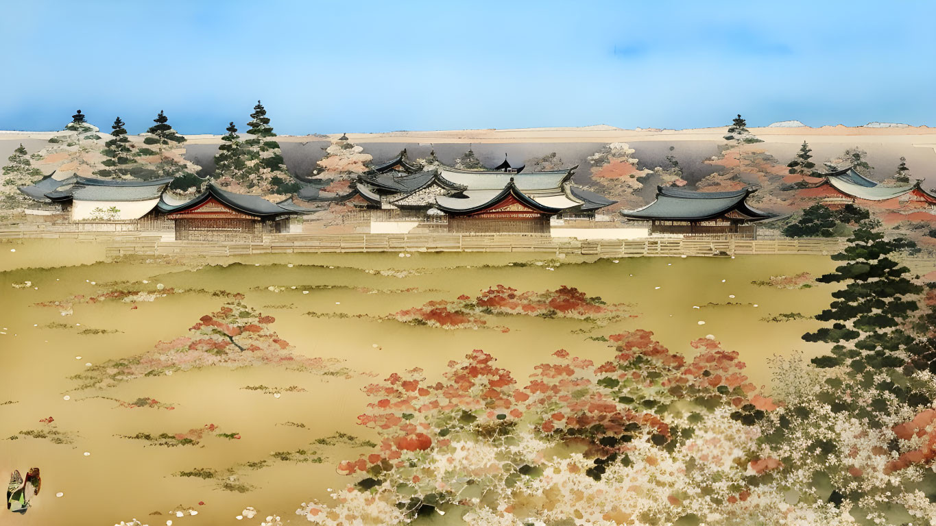 Traditional Asian Temple Complex Surrounded by Colorful Flowers