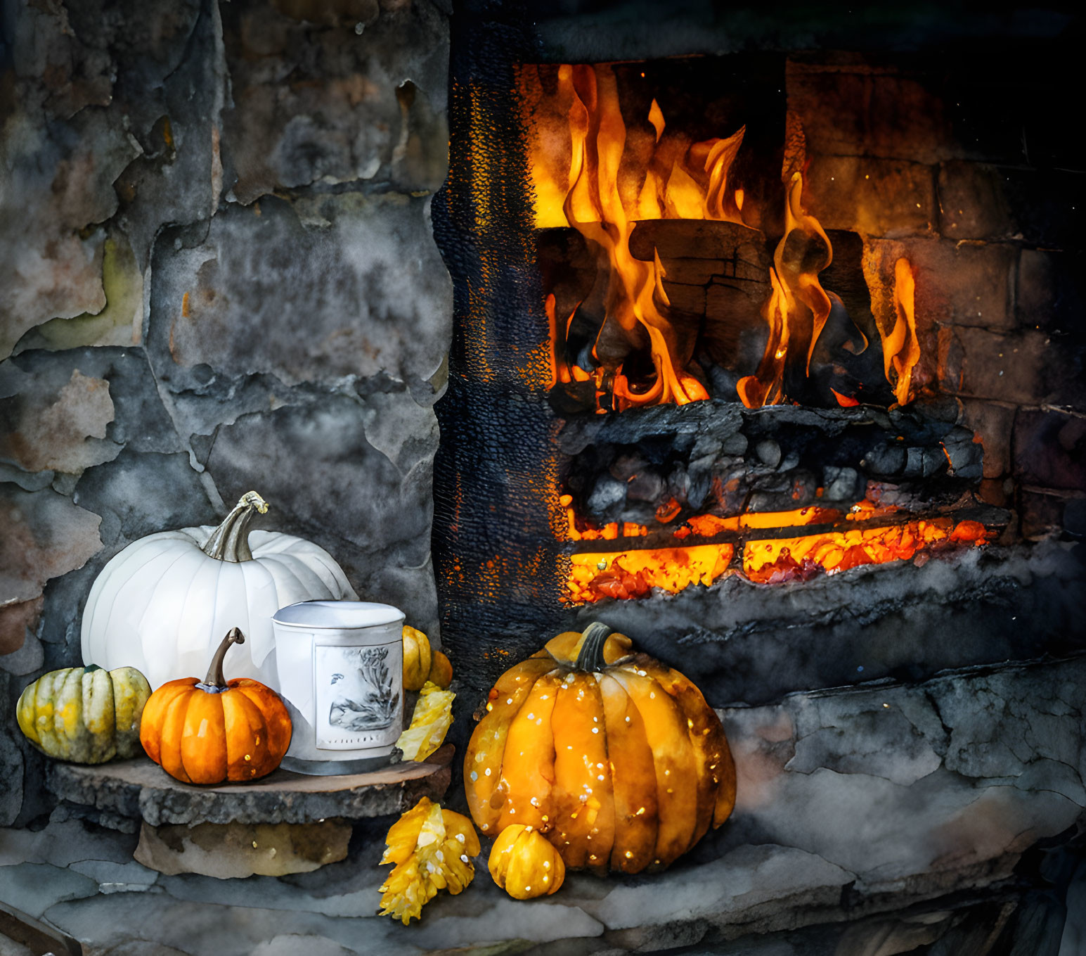 Autumnal fireplace with pumpkins and candle glow