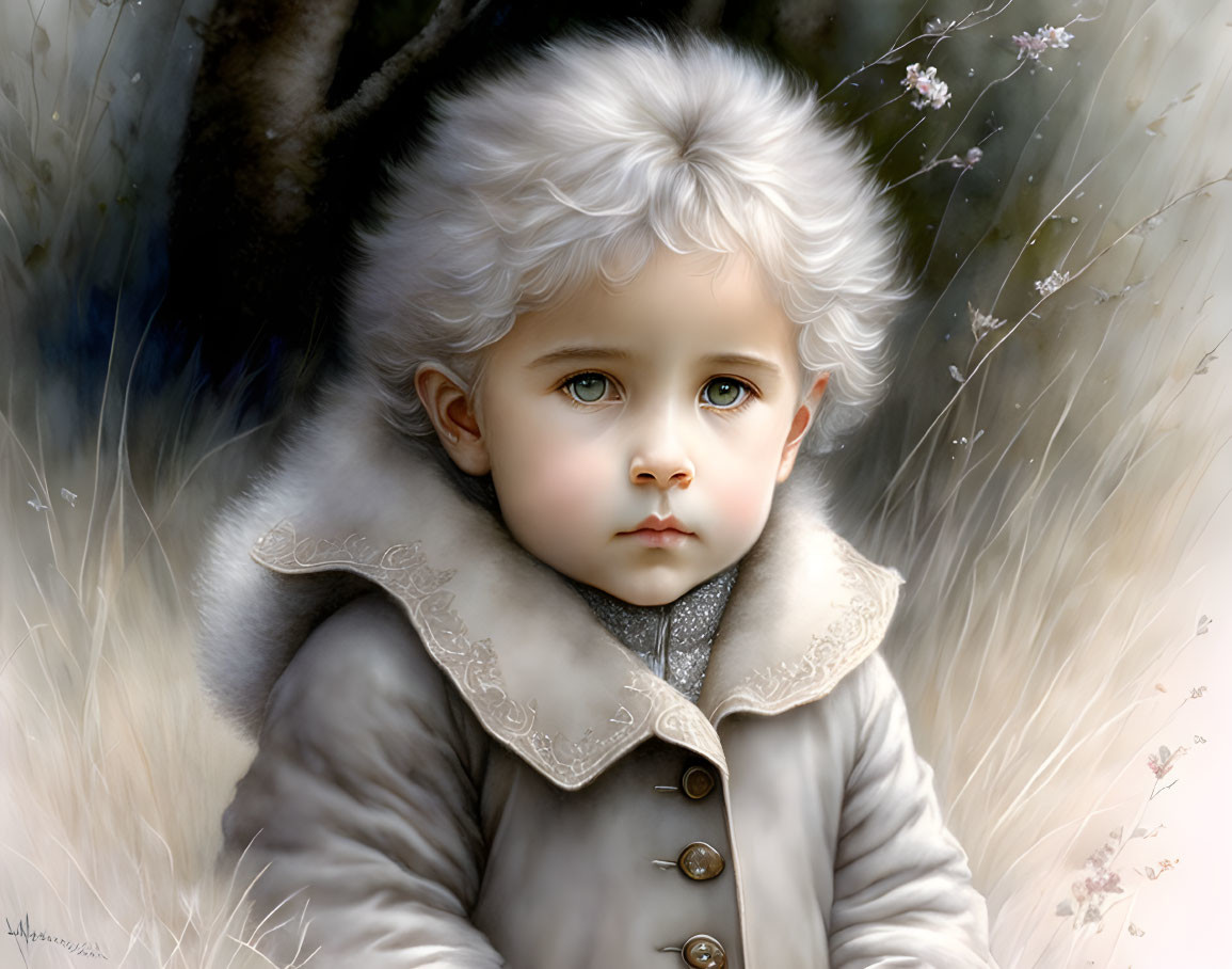 Portrait of young child with blue eyes and white curly hair in cream coat against natural background