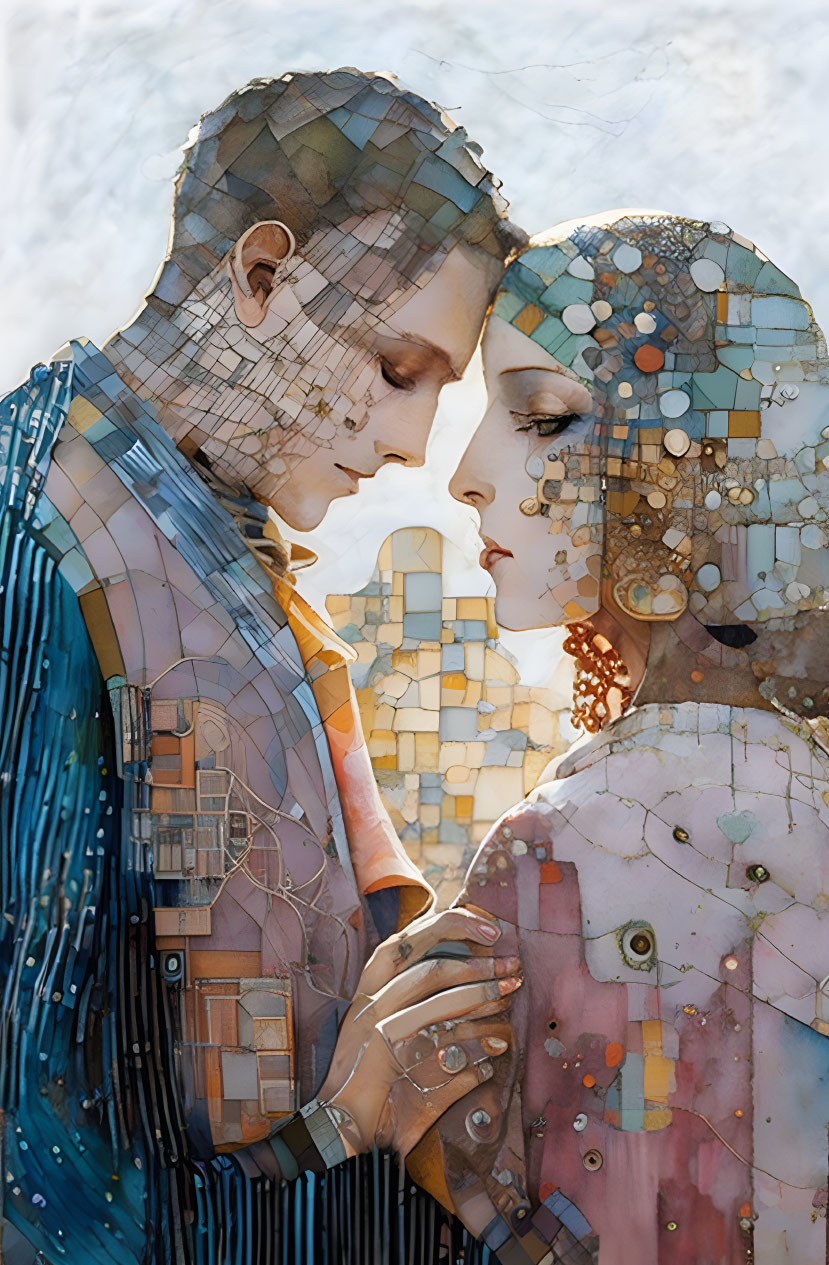 Colorful geometric shapes depict man and woman embracing