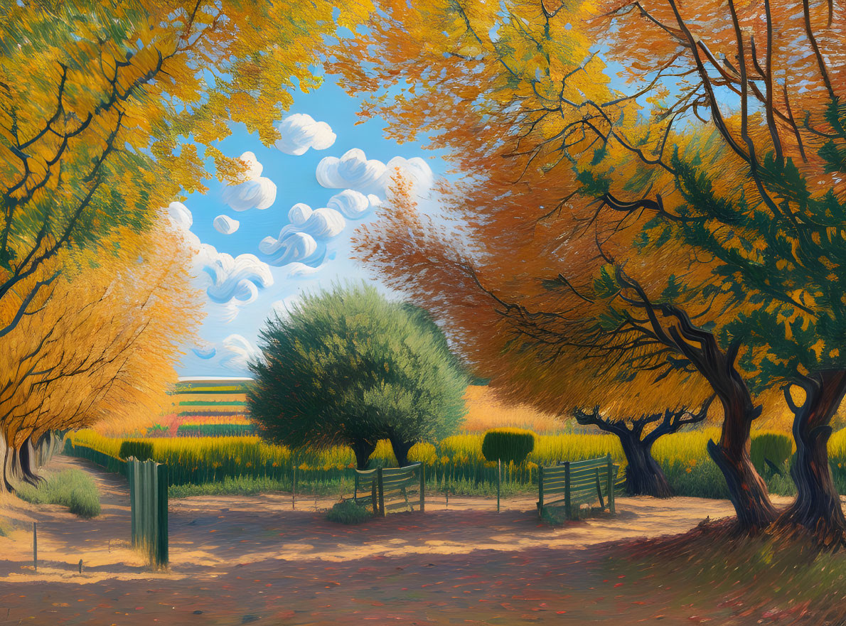 Colorful autumn landscape with yellow trees, green bush, wooden fence, and fluffy clouds.