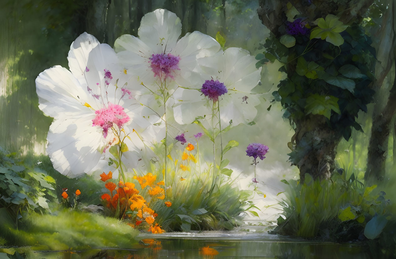 Tranquil stream painting: vibrant flowers, lush forest, sunlight