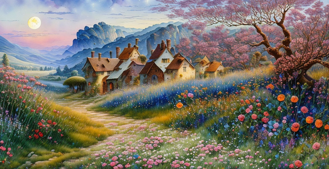 Charming village scene with cozy cottages in flower-filled landscape