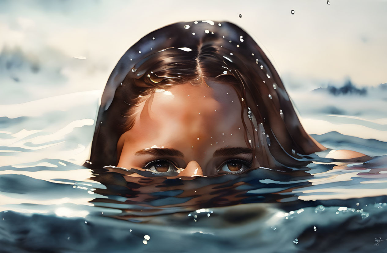 Eyes and forehead above water with reflective seascape