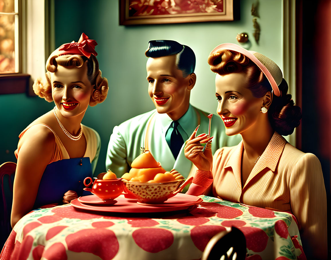 Vintage Attire Trio at Fruit-Filled Table in 1950s American Scene