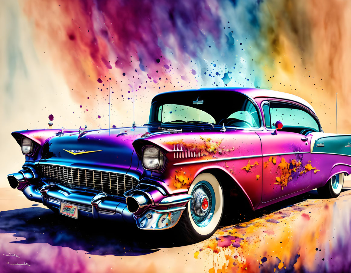 Colorful Chevrolet Bel Air on Psychedelic Cosmic Background