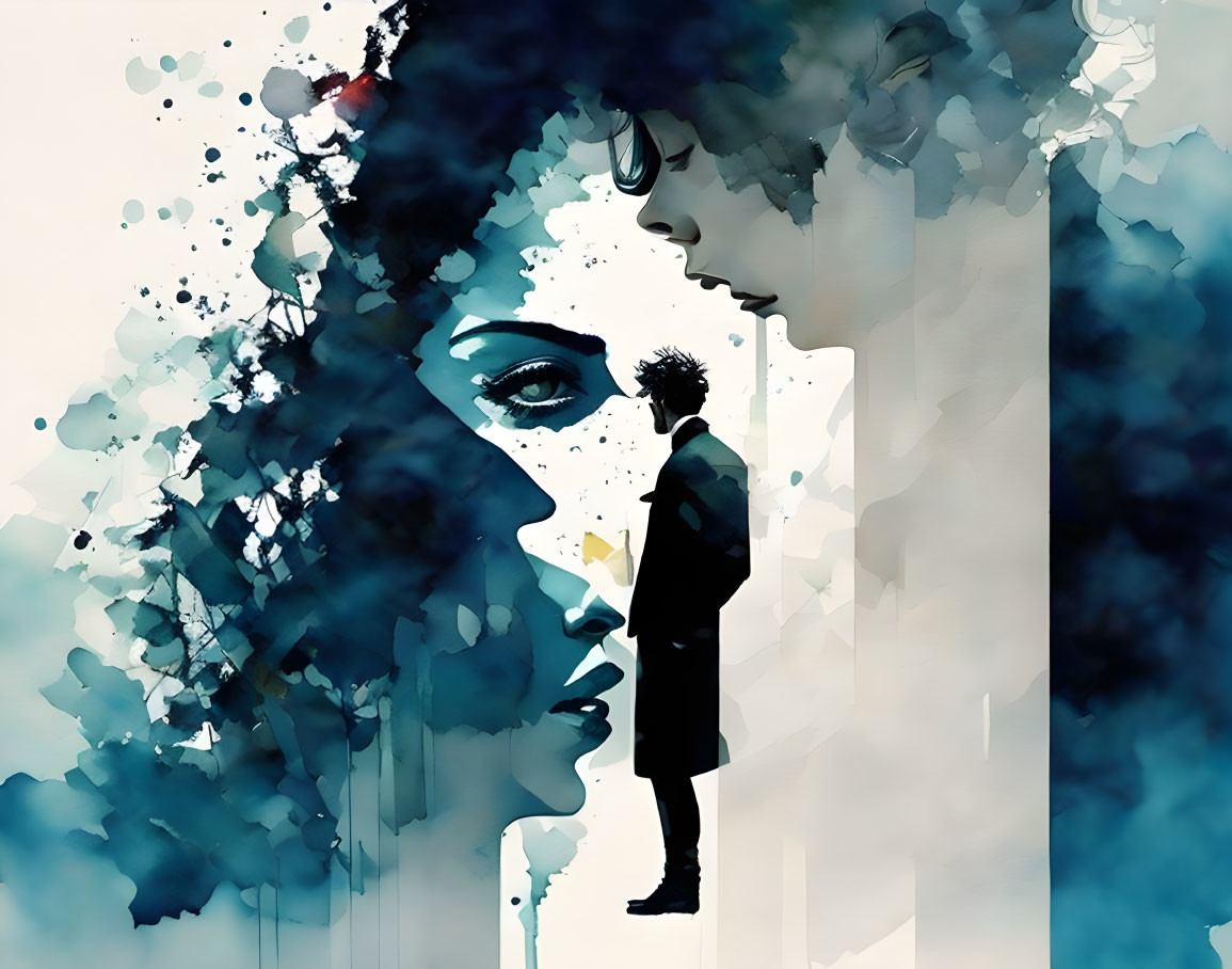 Abstract blue watercolor digital artwork of two profile faces with a person silhouette.