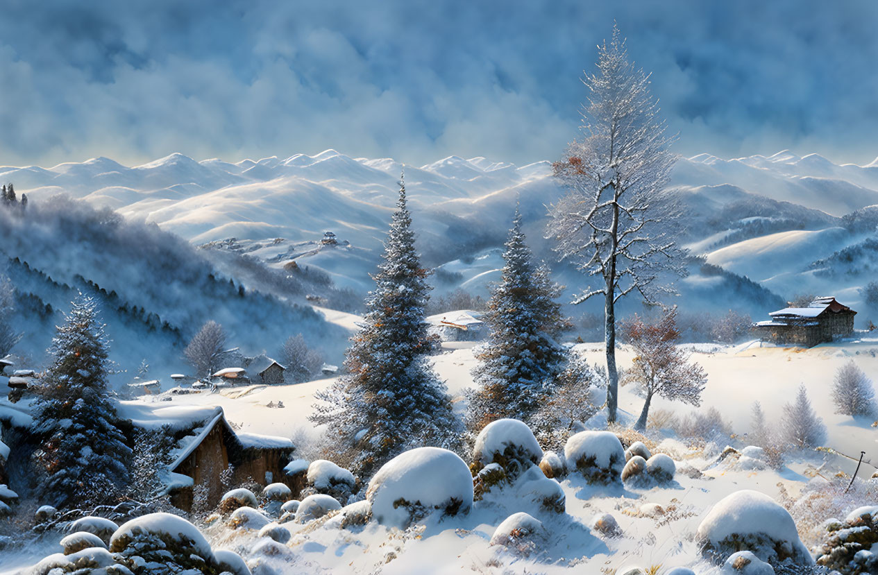 Winter scene: snow-covered landscape with trees, hills, and cabins