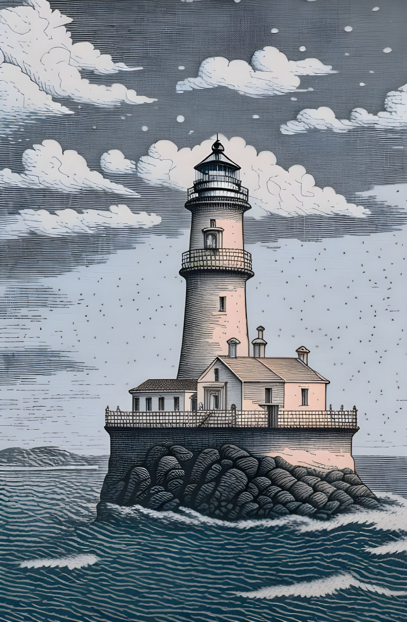 Illustrated lighthouse on rugged cliff with crashing waves