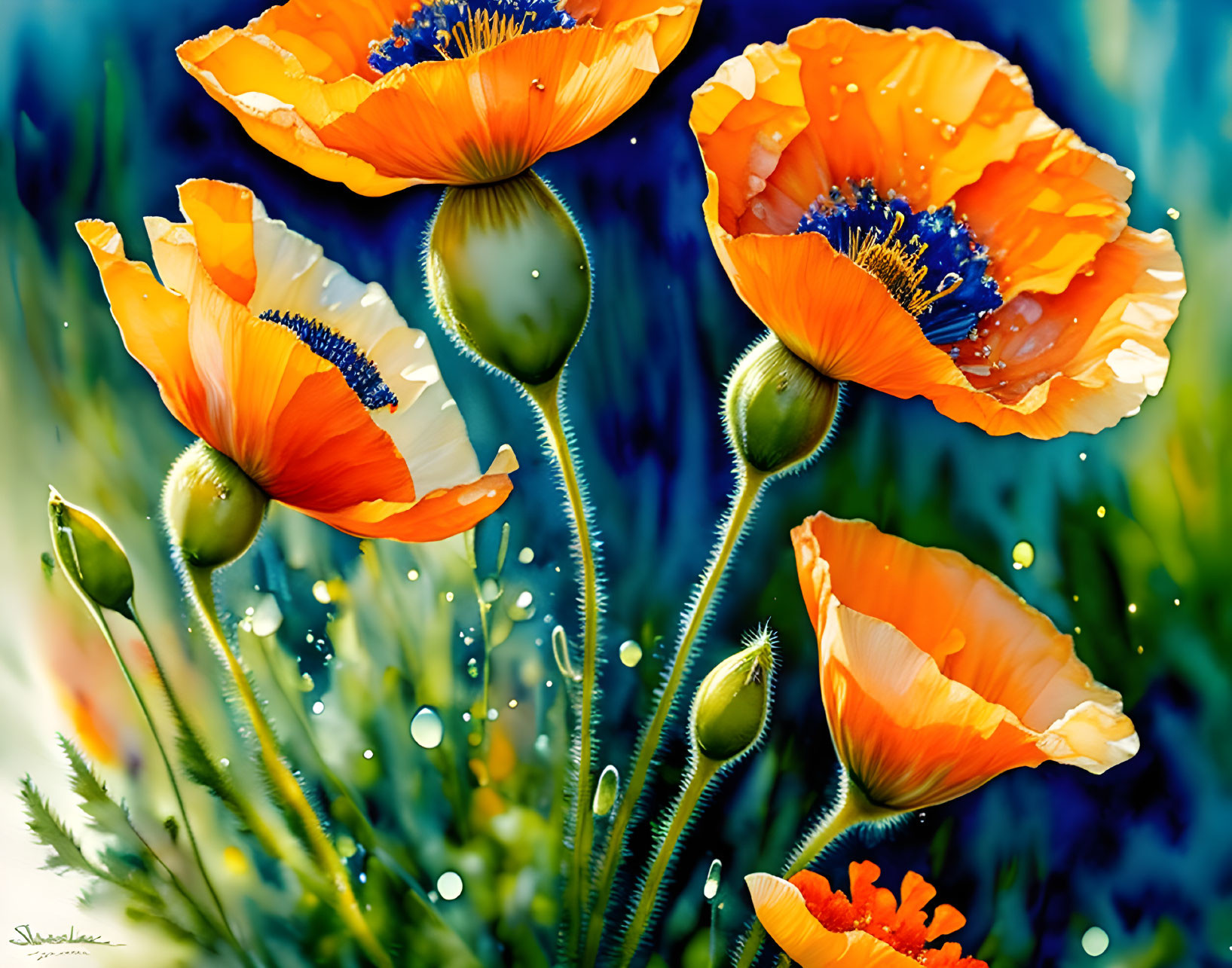 Colorful Orange Poppies with Blue Accents and Dewdrops on Blurred Background