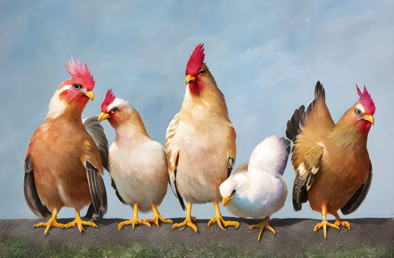 Five Cartoon Chickens with Human Hairstyles on Sidewalk Under Cloudy Sky