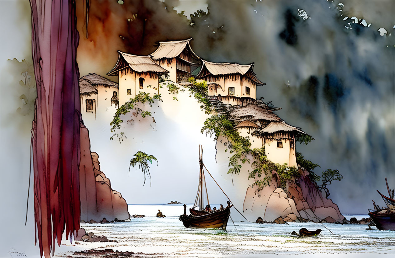 Traditional Asian Cliffside Buildings Overlooking Sea with Boats in Misty Ambience