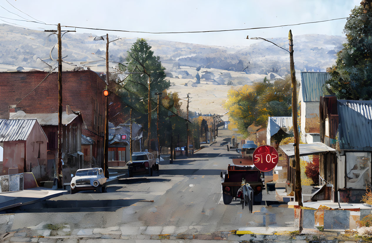 Vintage cars and weathered buildings on rustic town street.