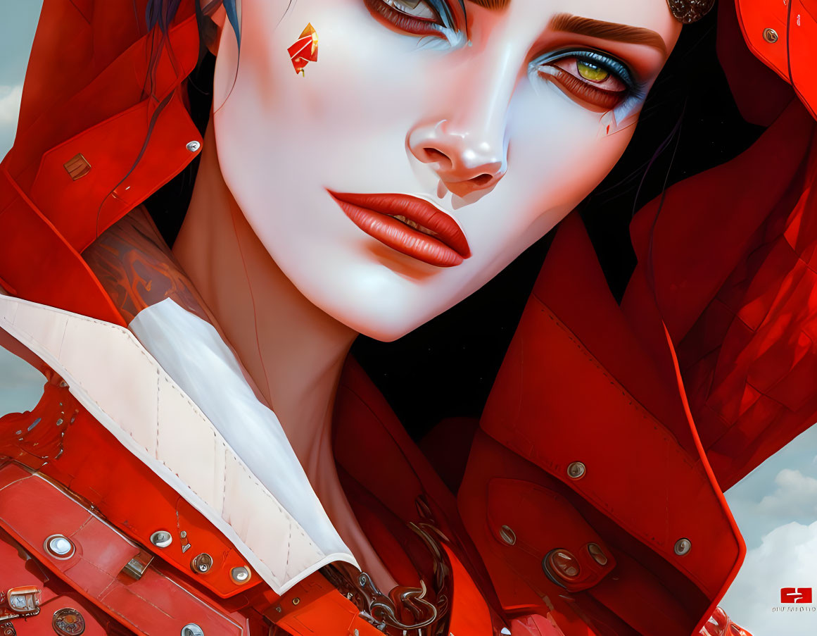 Digital artwork featuring person with pale skin, red hood, green eyes, tear and diamond.