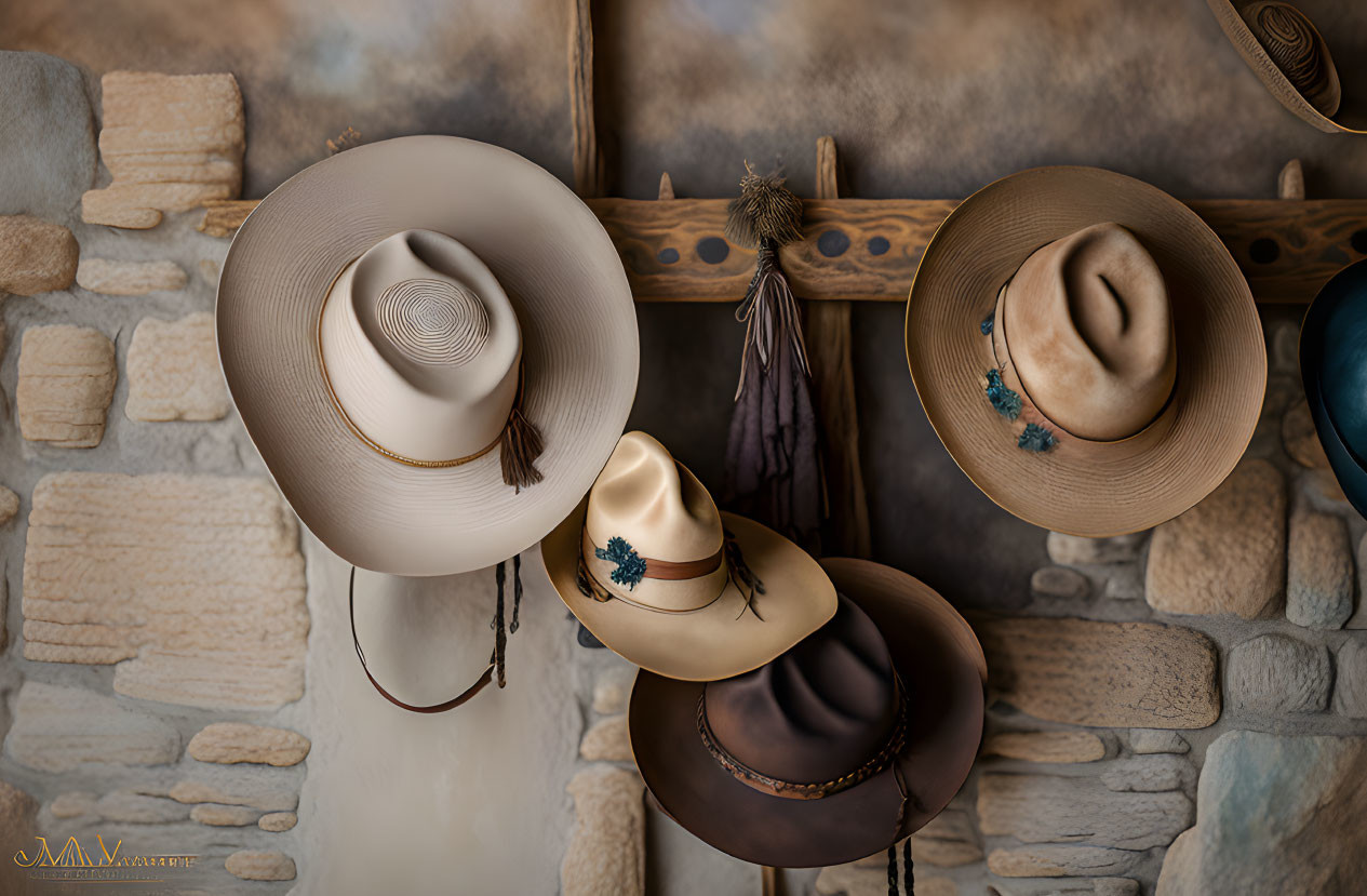 Cowboy hats on wooden pegs against rustic stone wall, varied shades and feather adornments.