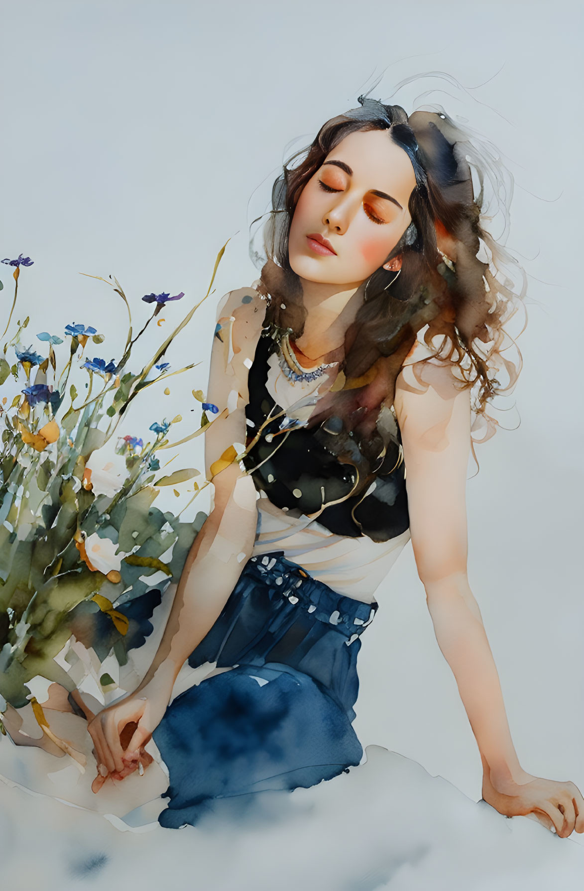 Woman in Translucent Blouse Sitting Next to Blue and Yellow Flowers