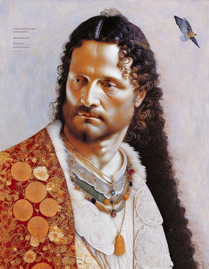 Detailed portrait of a man with curly hair in red and gold robe, lace collar, multiple necklaces