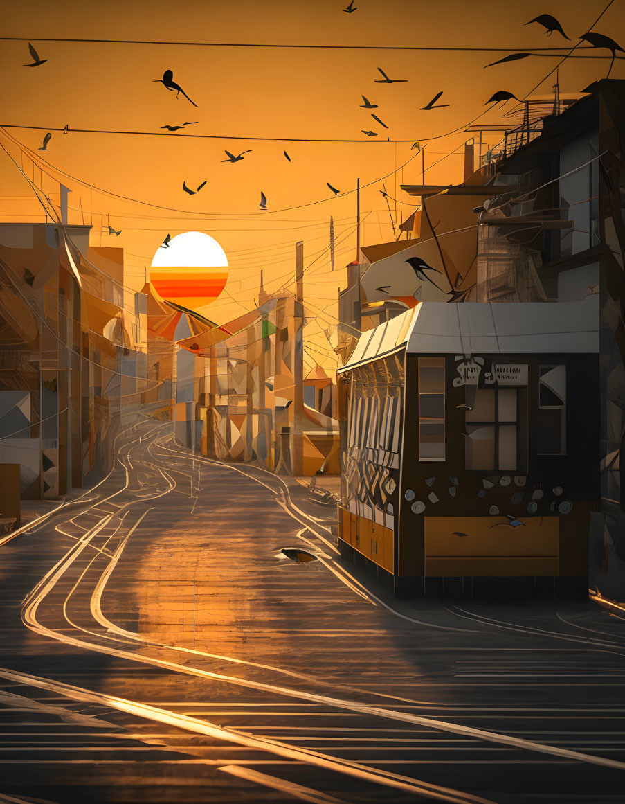 Golden sunrise over quiet street with buildings and tram tracks at dawn