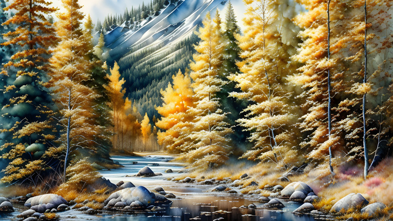 Colorful Autumn Forest Scene with Winding River and Mountain Backdrop