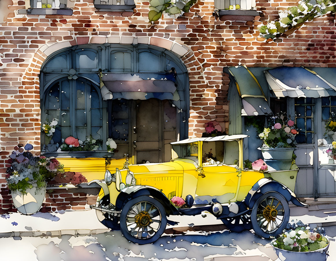 Vintage Yellow Car Parked by Brick Building with Arched Windows and Flowers