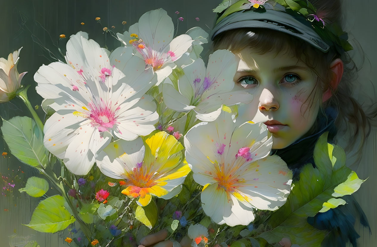 Portrait of young girl with blue eyes and cap, amidst white and yellow flowers.