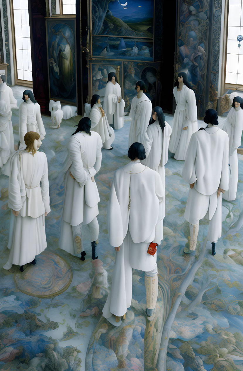 Group of people in white attire in ornate art gallery observing paintings