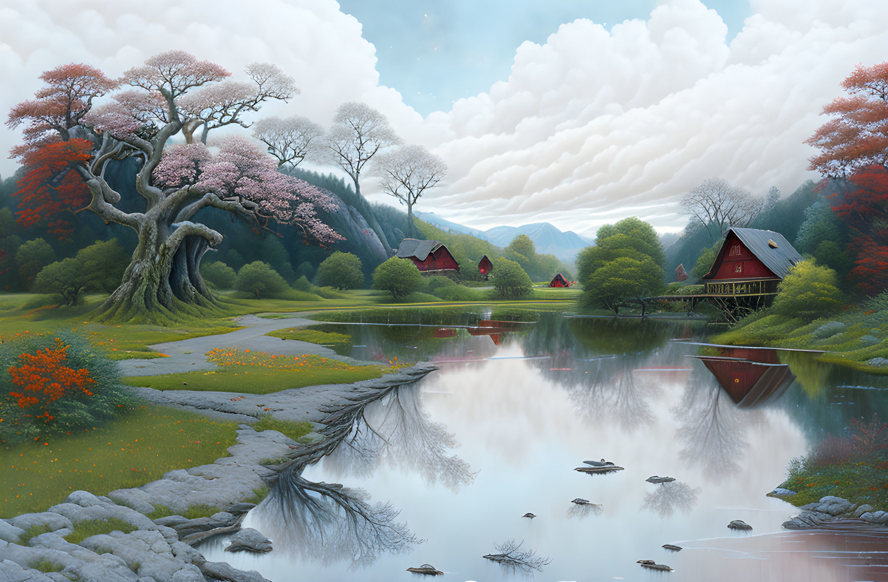 Tranquil landscape: blossoming trees, red-roofed houses, reflective lake.