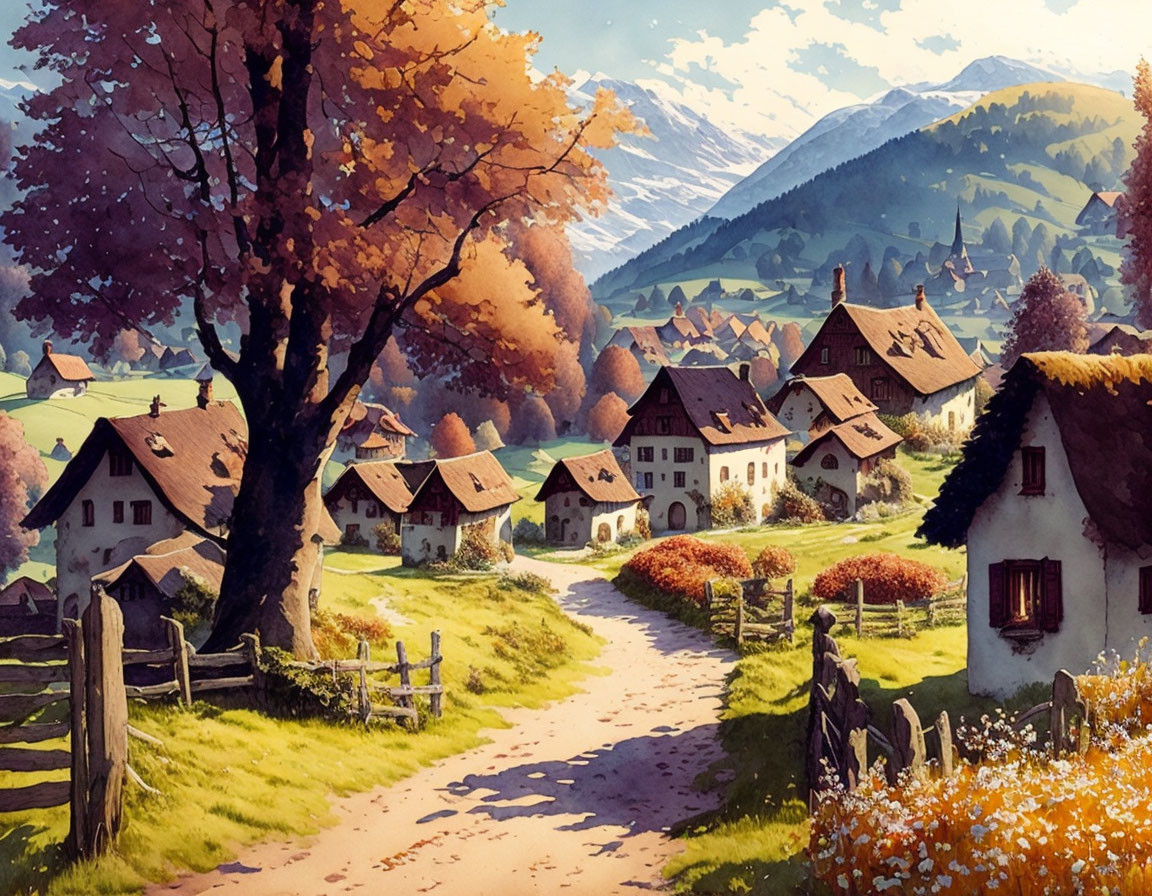 Autumn village scene with quaint houses, dirt path, and green hills