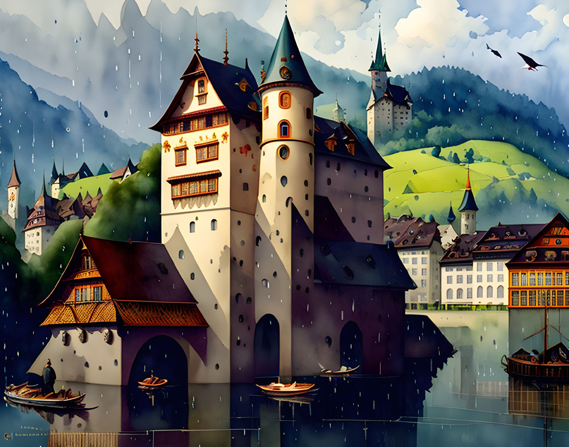 Medieval castle by a lake with boats, European buildings, hills, stormy sky.