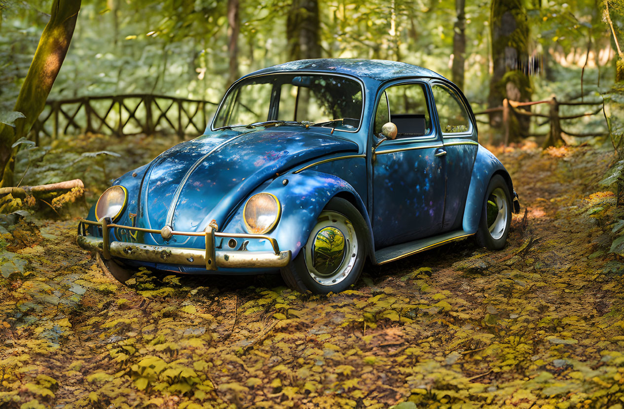 Vintage Blue Volkswagen Beetle Parked in Forest with Wooden Fencing