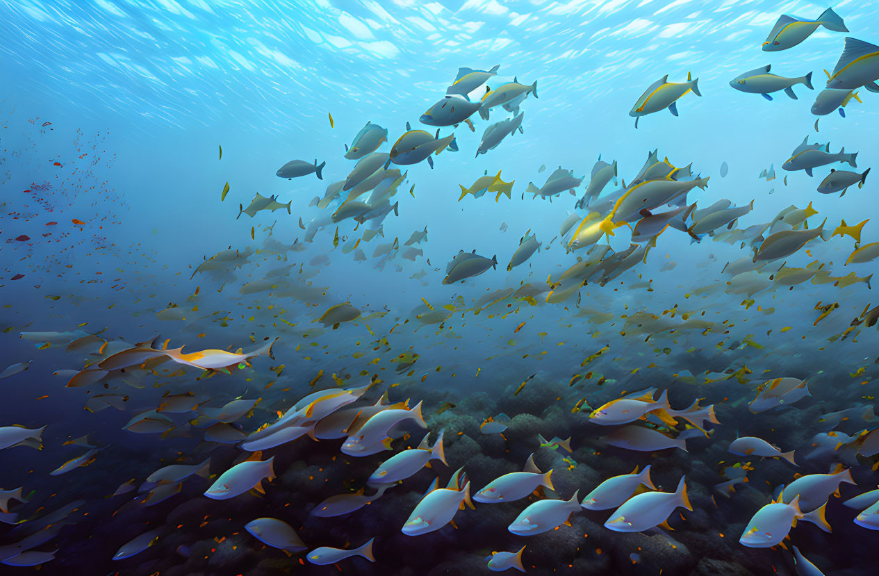 Yellow and White Fish Swimming Above Coral Reef in Blue Ocean Water