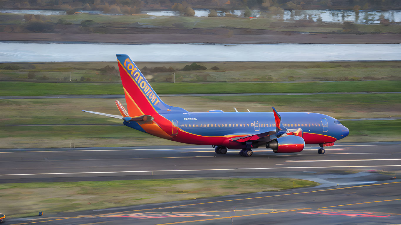 Boeing 737 on Runway with Wetlands Background