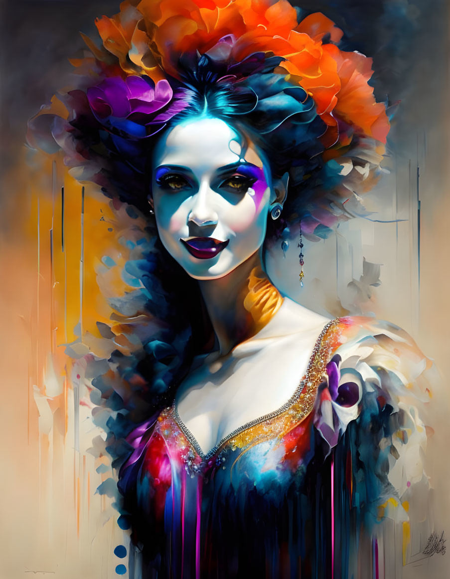 Vibrant portrait of a woman with floral hair, dramatic makeup, and embellished outfit on painter