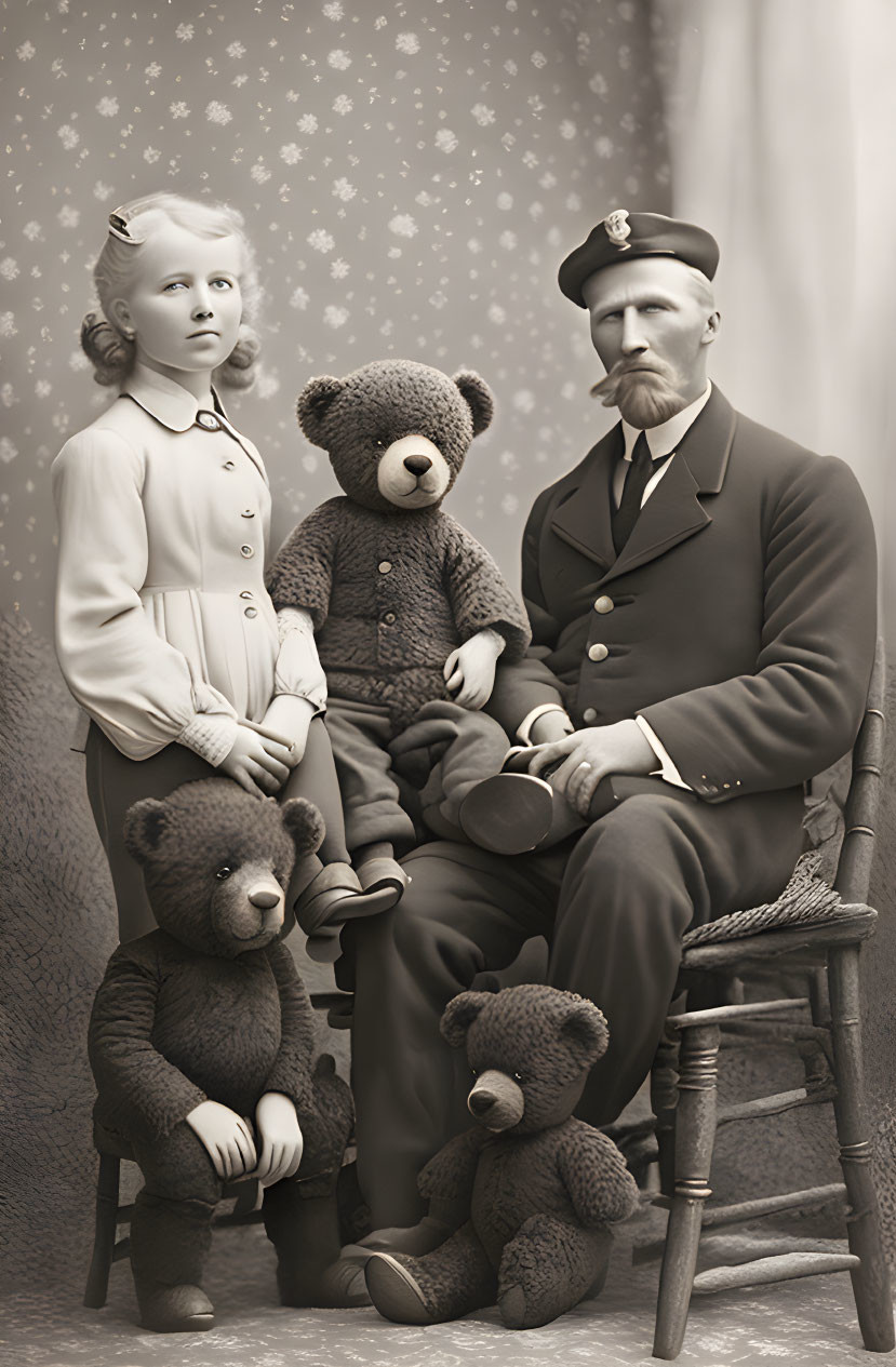 Vintage-Style Photo: Girl, Man in Uniform, 3 Teddy Bears